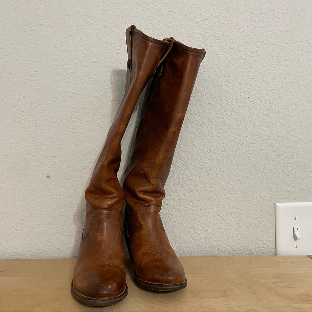 Frye Cognac Brown Leather Mid-Calf Heeled Boots - Picture 10 of 15